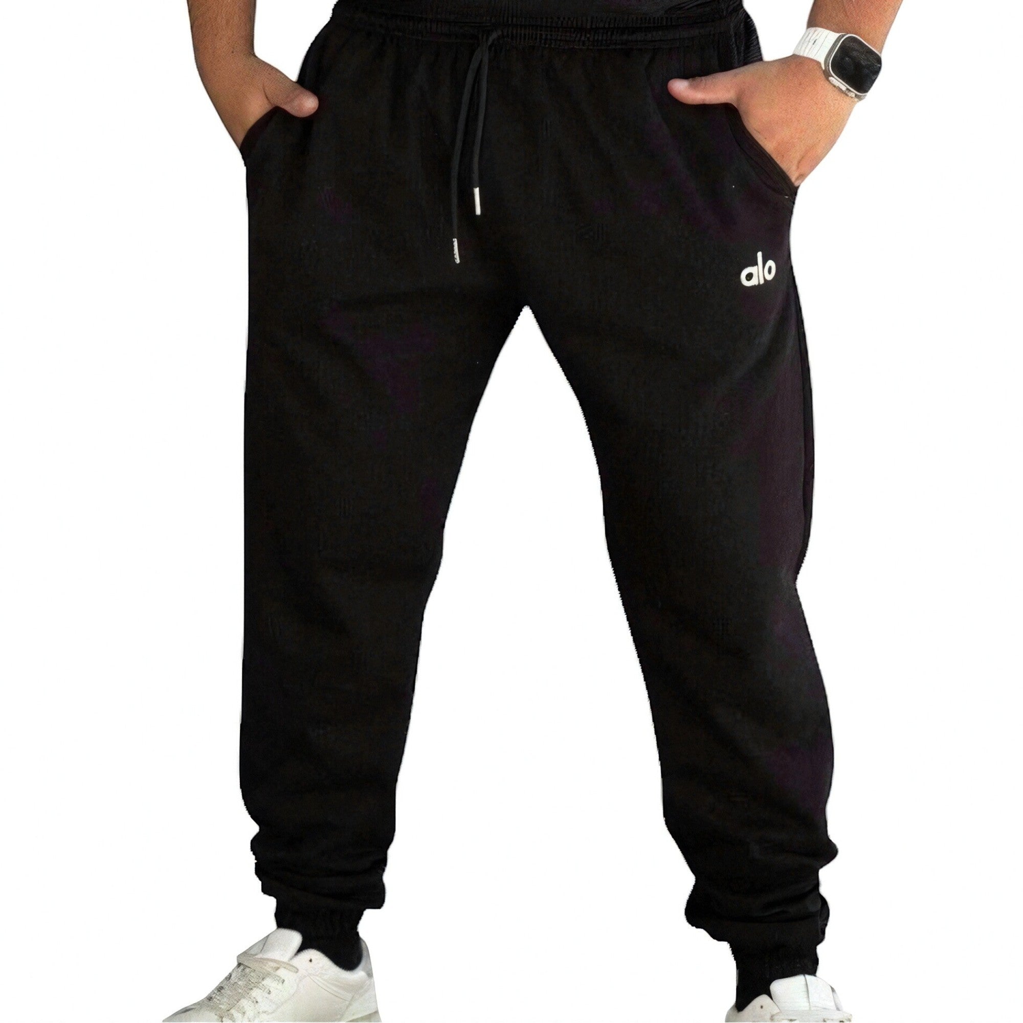 DUALLITY WEAR black soft fabric jogger pants with drawstring and alo logo, relaxed fit for gym or casual wear.