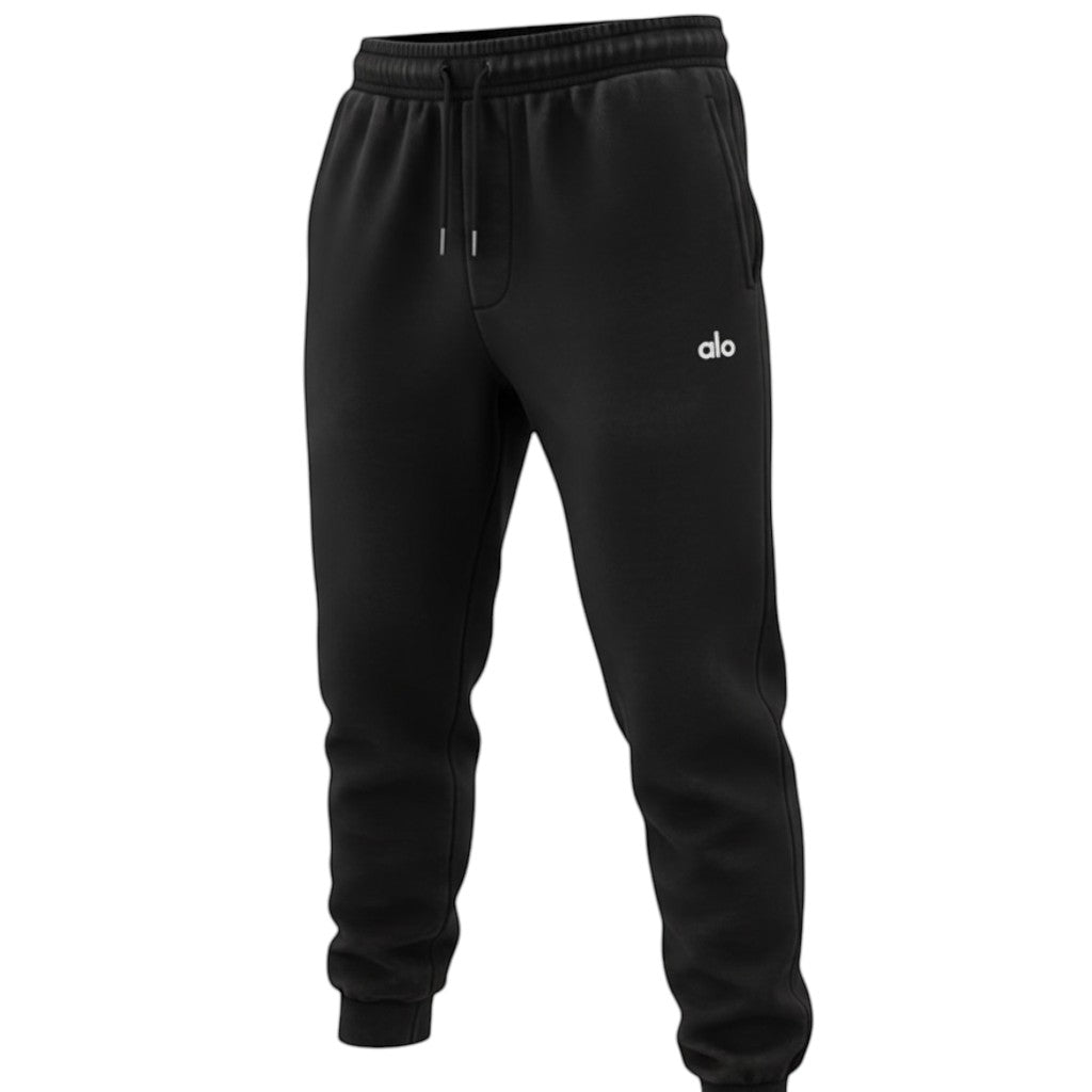 DUALLITY WEAR black jogger pants with drawstring waist and subtle alo logo. Soft fabric, relaxed fit.
