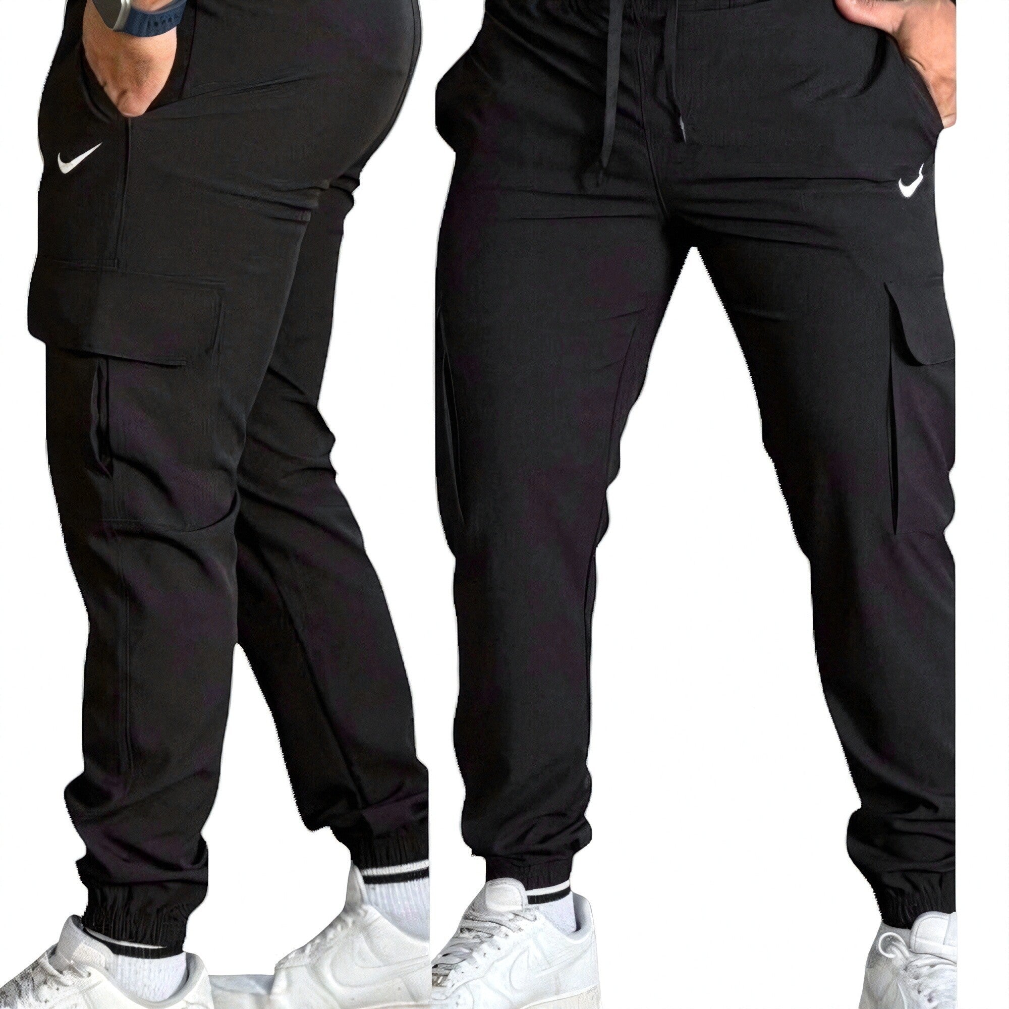 DUALLITY WEAR black cargo pants with white Nike logo, drawstring waist, and multiple pockets. Versatile for urban or gym wear.