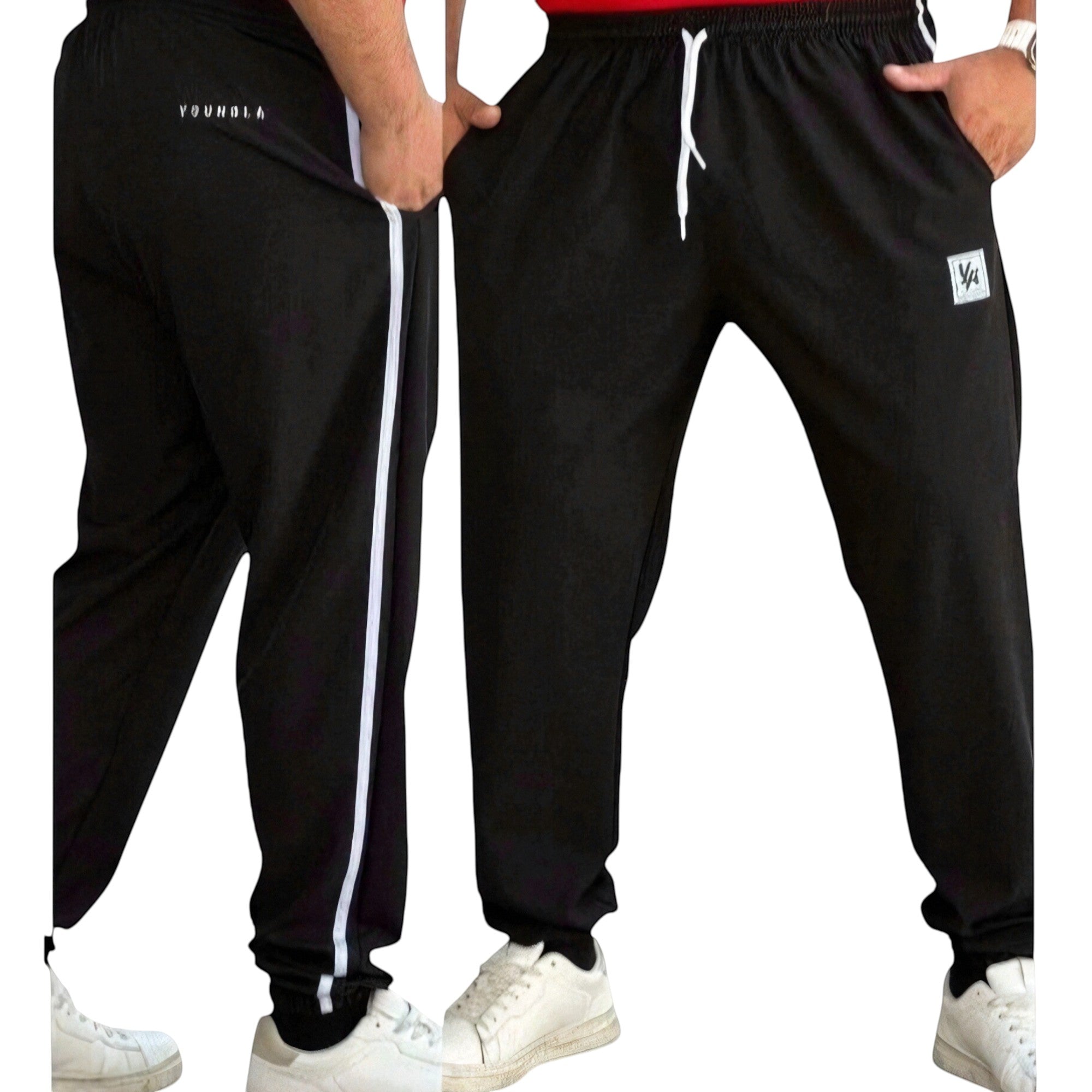 DUALLITY WEAR black joggers with white sideline stripe detail and drawstring waist. Comfortable, modern fit for gym or daily wear.