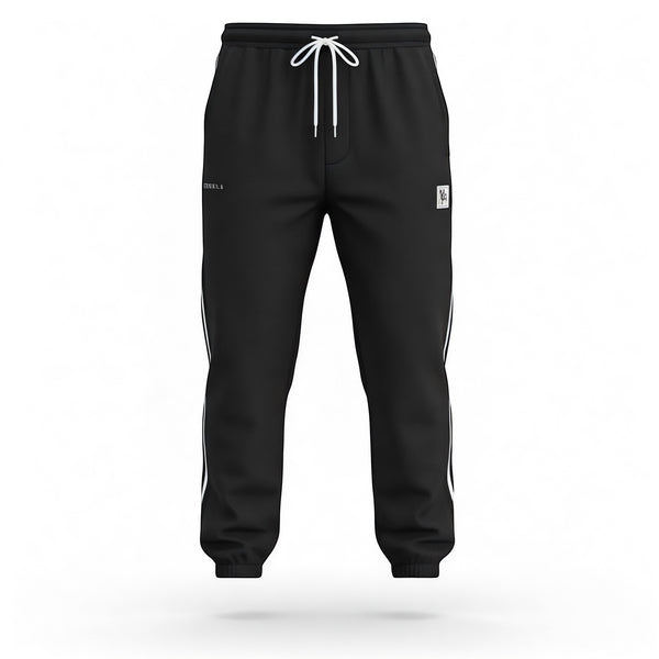 DUALLITY WEAR black joggers with white sideline stripe detail, drawstring waist, modern fit, comfortable and durable fabric.