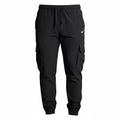 DUALLITY WEAR black Nike cargo pants with drawstring waist and cuffed ankles. Features side cargo pockets.