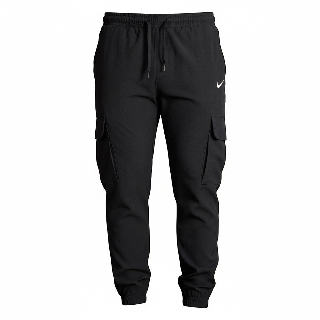 DUALLITY WEAR black Nike cargo pants with drawstring waist and cuffed ankles. Features side cargo pockets.