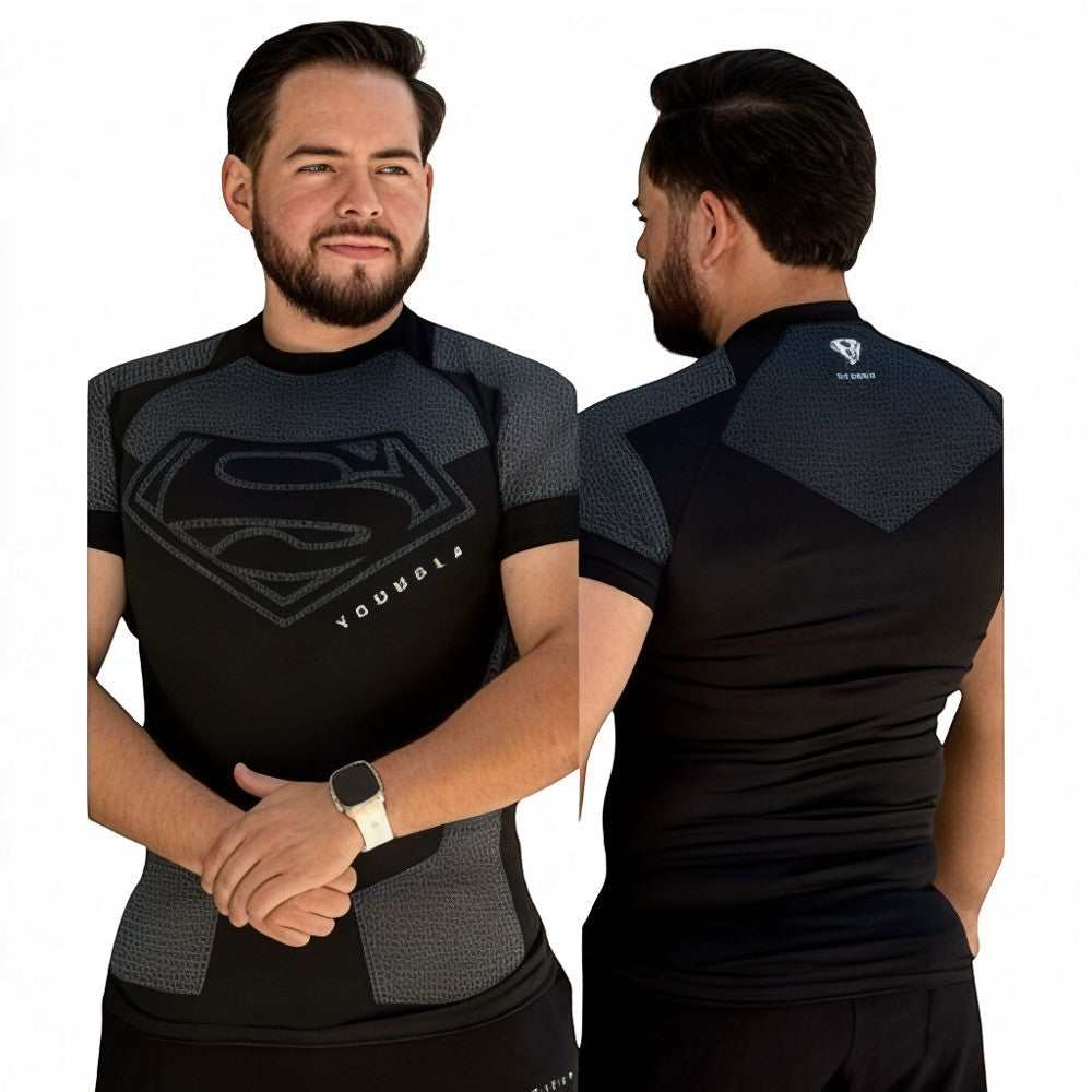 DUALLITY WEAR black compression t-shirt with Superman logo and grey textured panels. Short sleeves, athletic fit.