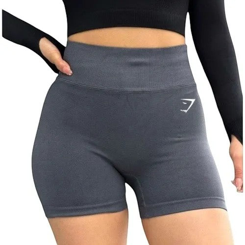 DUALLITY WEAR dark grey seamless athletic shorts with a high-rise, comfortable fit for gym or cardio.