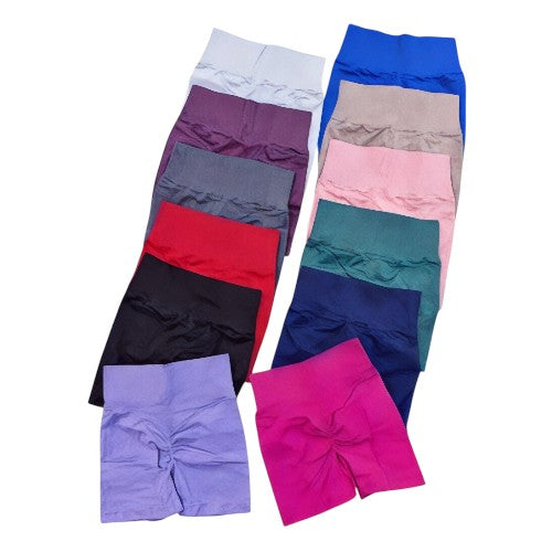 DUALLITY WEAR collection of ruched shorts in various colors: blue, purple, grey, red, black, pink, teal, navy, and magenta. Lightweight, breathable fabric.